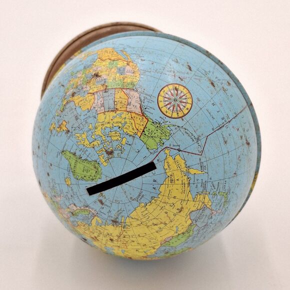 VTG Ohio Art Tin Metal Litho Earth Globe World Coin Piggy Savings Bank W/Stopper - Picture 3 of 10